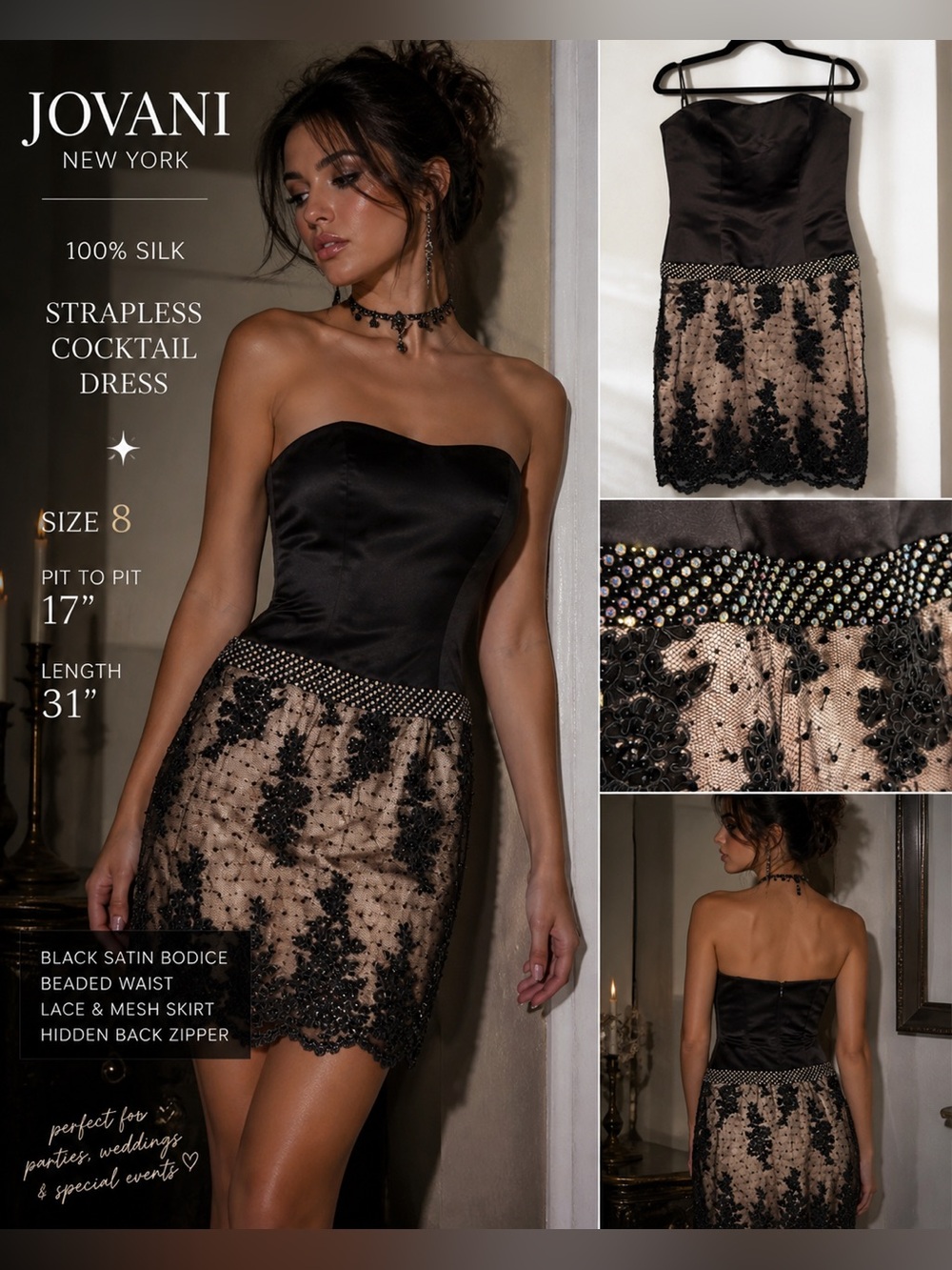 Jovani 100% Silk Strapless Black and Nude Lace Beaded Cocktail Dress Size 8 Y2K